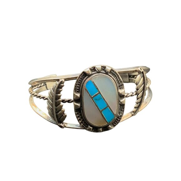 Native Cuff bracelet Mother of Pearl and Turquoise sterling silver bracelet - Picture 1 of 7